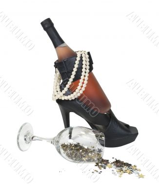 Wine Bottle in Heel Shoes with Pearls and Stars