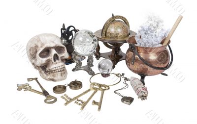 Skull, Keys, Copper Pot, Crystal Ball and other Witch Desk Items Skull, Keys, Copper Pot, Crystal Ball and other Witch Desk Items