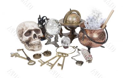 Skull, Keys, Copper Pot, Crystal Ball and other Witch Desk Items