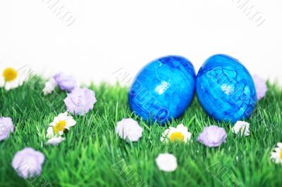 Colorful Easter eggs on green grass