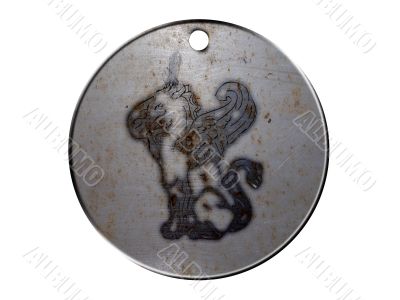 3d monster mythology, in metal medallion on a white isolated background.