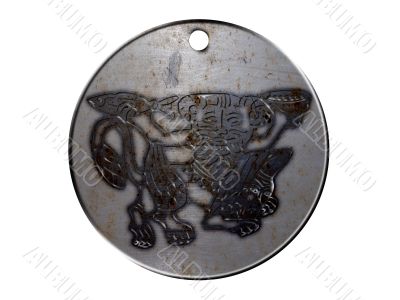 3d monster mythology, in metal medallion on a white isolated background.