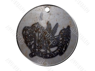 3d monster mythology, in metal medallion on a white isolated background.