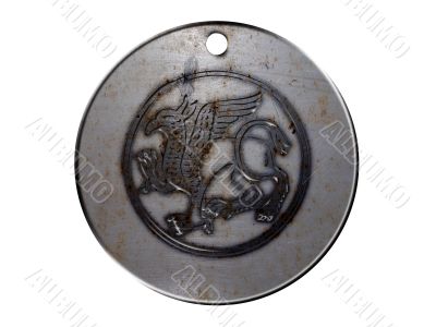 3d monster mythology, in metal medallion on a white isolated background.