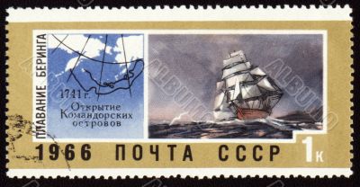 Discovery of Commander Islands on post stamp