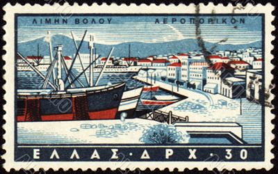 Volos harbor in Greece on post stamp