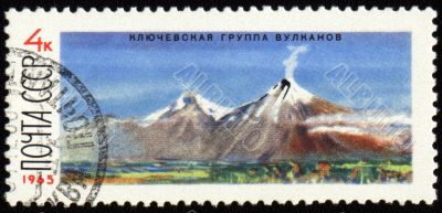 Kluchevskoj volcano in Kamchatka on post stamp