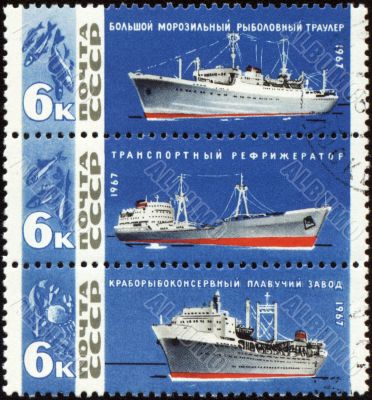 Vessels fishing fleet on post stamp