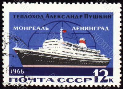 Passenger ship `Alexander Pushkin` on the line to Leningrad, Montreal on post stamp