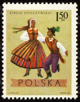 Polish folk dancers from Opoczynski region on post stamp