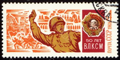 Soviet officer with a pistol in battle on postage stamp