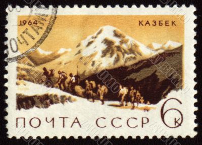 View on mountain Kazbek on post stamp