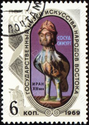 Ancient Persian pitcher Simurgh on post stamp