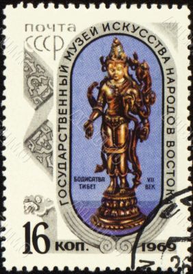 Statuette of Bodhisattva on post stamp Statuette of Bodhisattva on post stamp