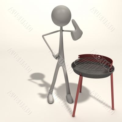 figure stands next to a grill