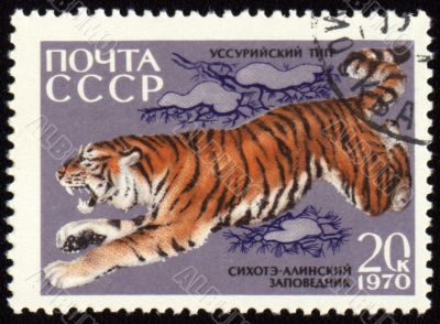 Jumping tiger on post stamp