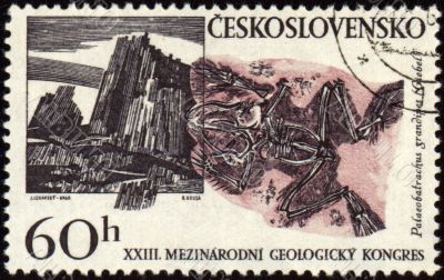 Mountains and fossil on post stamp