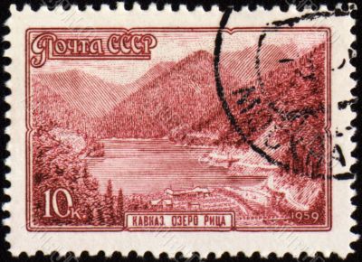 Lake Riza in Caucasus on post stamp