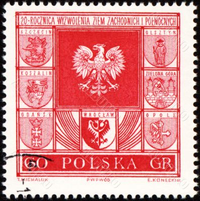 Arms of cities in Poland on post stamp