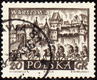 Medieval town of Warsaw on post stamp