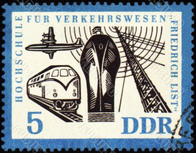 Ship, airplane, train and radio-mast on post stamp
