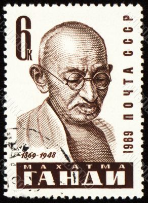 Mohandas Karamchand Gandhi portrait on postage stamp