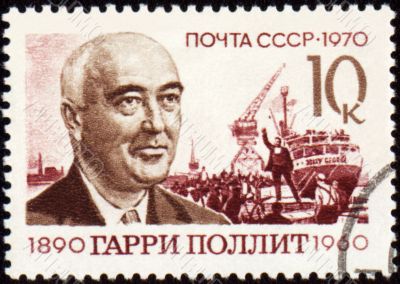 Portrait of Harry Pollitt on postage stamp