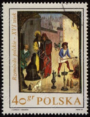 Cottage industry in medieval town on post stamp