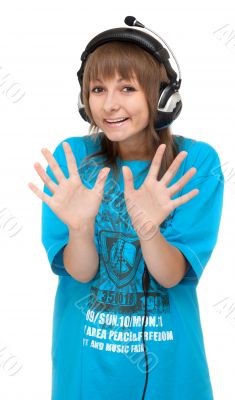 Girl in earphone shows palm