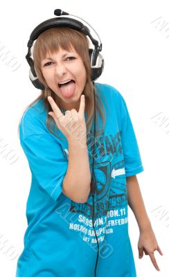 Girl in earphone shows language