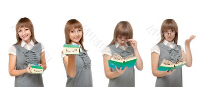 Girl with dictionary English, emotions