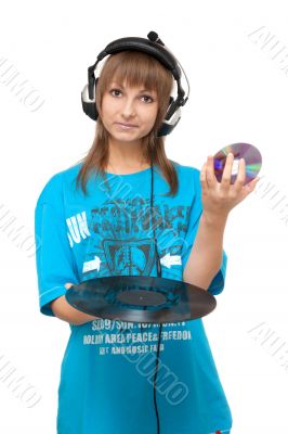 Girl with vinyl disk and DVD