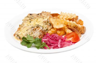 Fried meat in melted cheese and potatoes