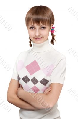 Beautiful girl with pigtail and in sweater with pattern