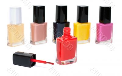 Varicoloured varnish for nail, open red vial