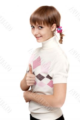 Young beautiful girl shows Ok