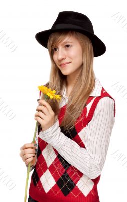 Girl with flower in black hat
