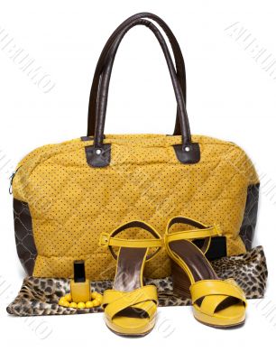 Feminine bag and pair yellow feminine loafers