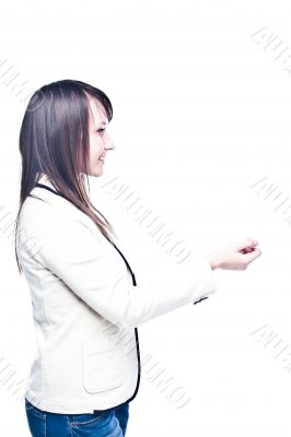 Young business woman with a business card