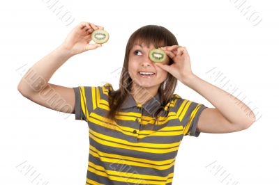 Girl in striped cloth and kiwi instead of eye