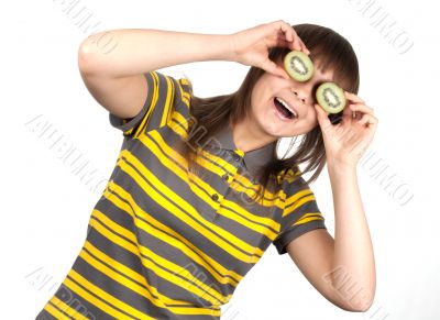 Girl in striped cloth and kiwi instead of eye