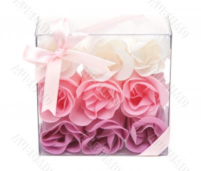 Fabrics rose in transparent gift to box
