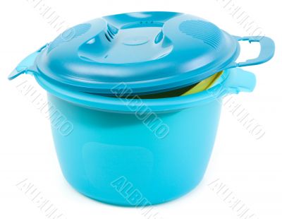Blue plastic saucepan