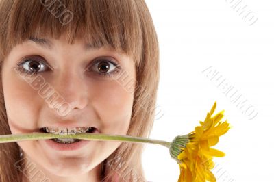 Portrait of the girl with yellow gerbera in teeth