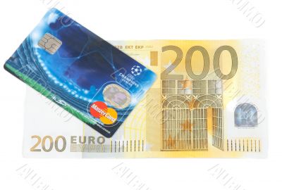 Bill 200 euro and plastic bank card