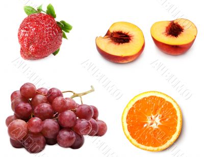 Collage from fresh ripe fruit grape, peach, strawberries and ora