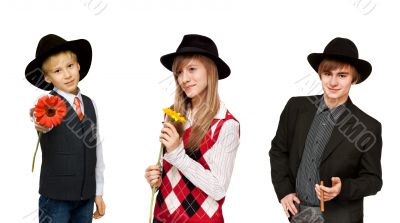 Collage portrait of the youth with cigar, girls and boy with flo