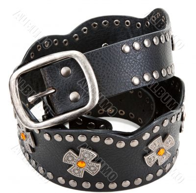 Black leather belt with yellow stone and steel buckle