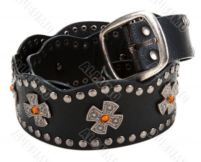Black leather belt with yellow stone and steel buckle