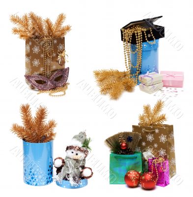 Ð¡ollage gift package, box and golden spruce branch